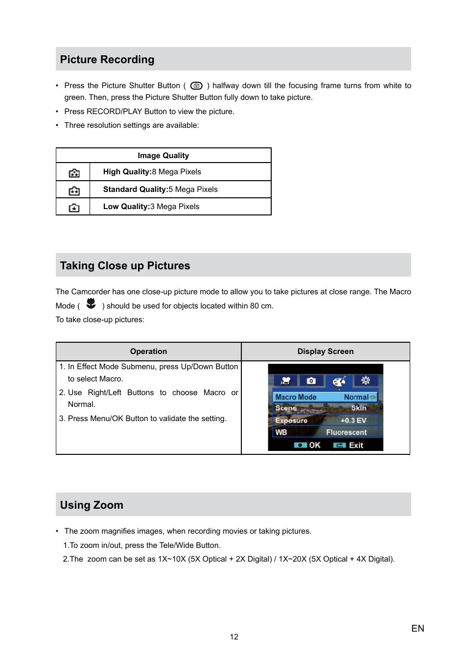 Picture recording, Taking close up pictures, Using zoom | Toshiba Camileo H10 User Manual | Page 14 / 47