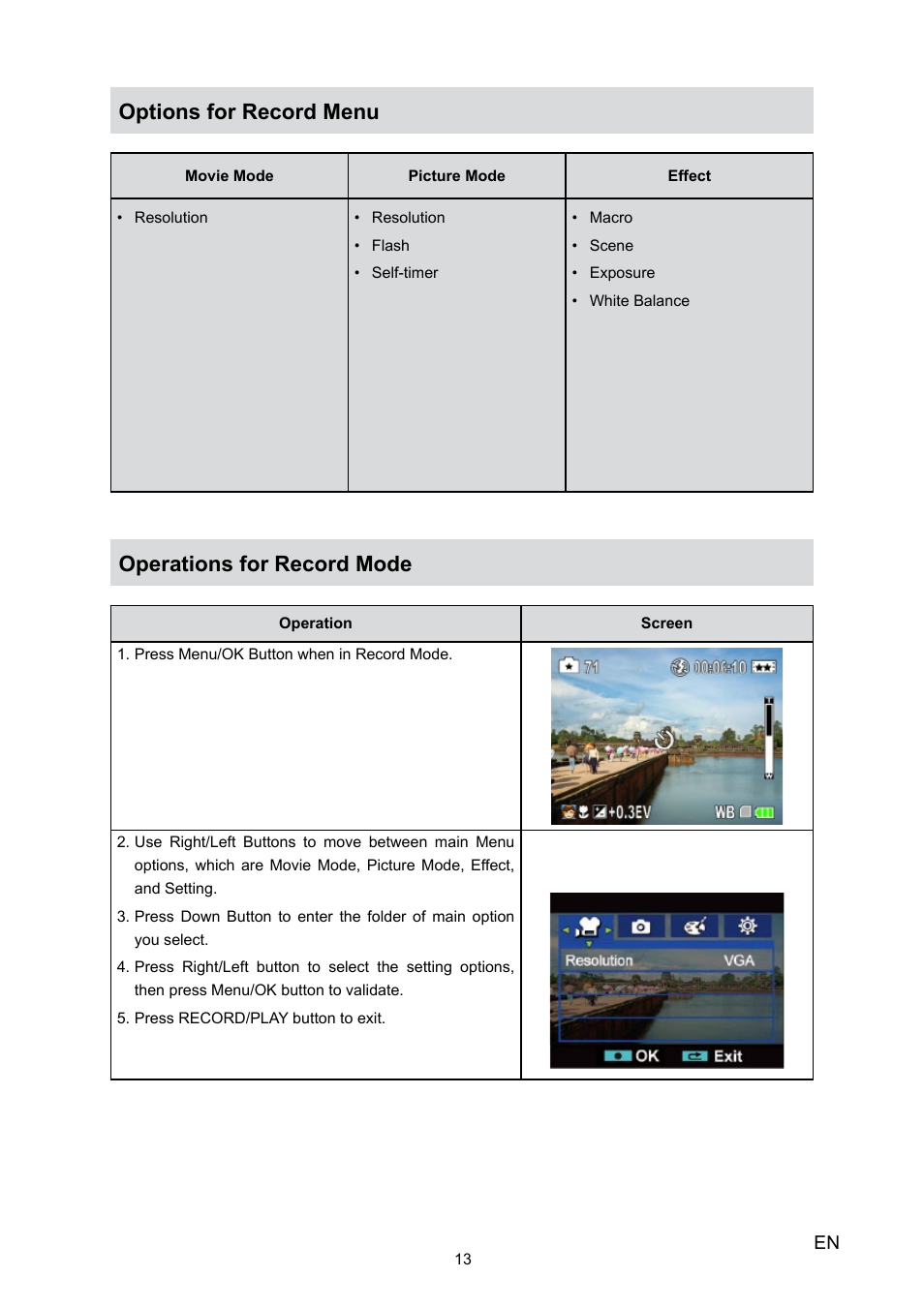 Options for record menu, Operations for record mode | Toshiba Camileo H10 User Manual | Page 15 / 47