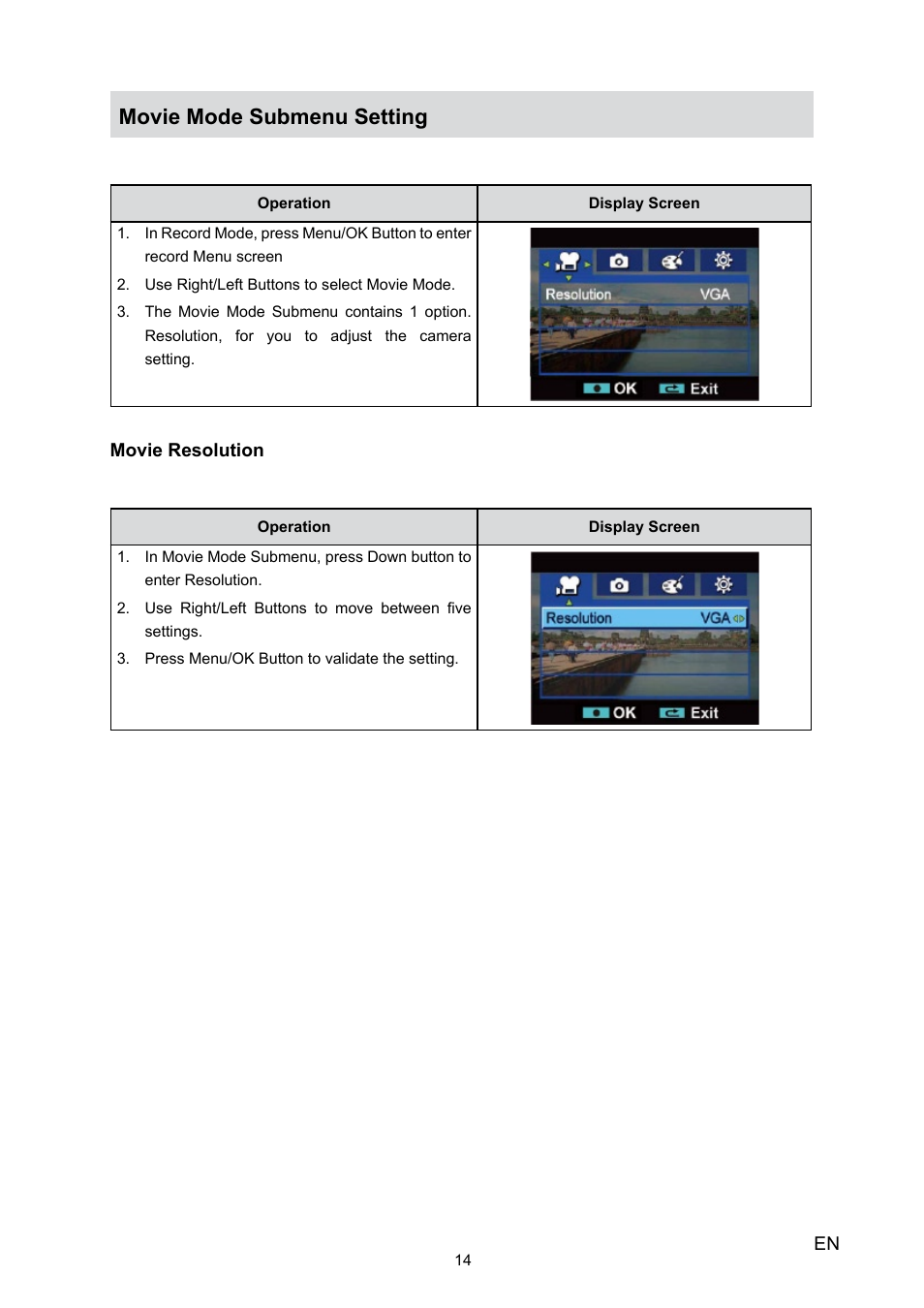 Movie mode submenu setting | Toshiba Camileo H10 User Manual | Page 16 / 47