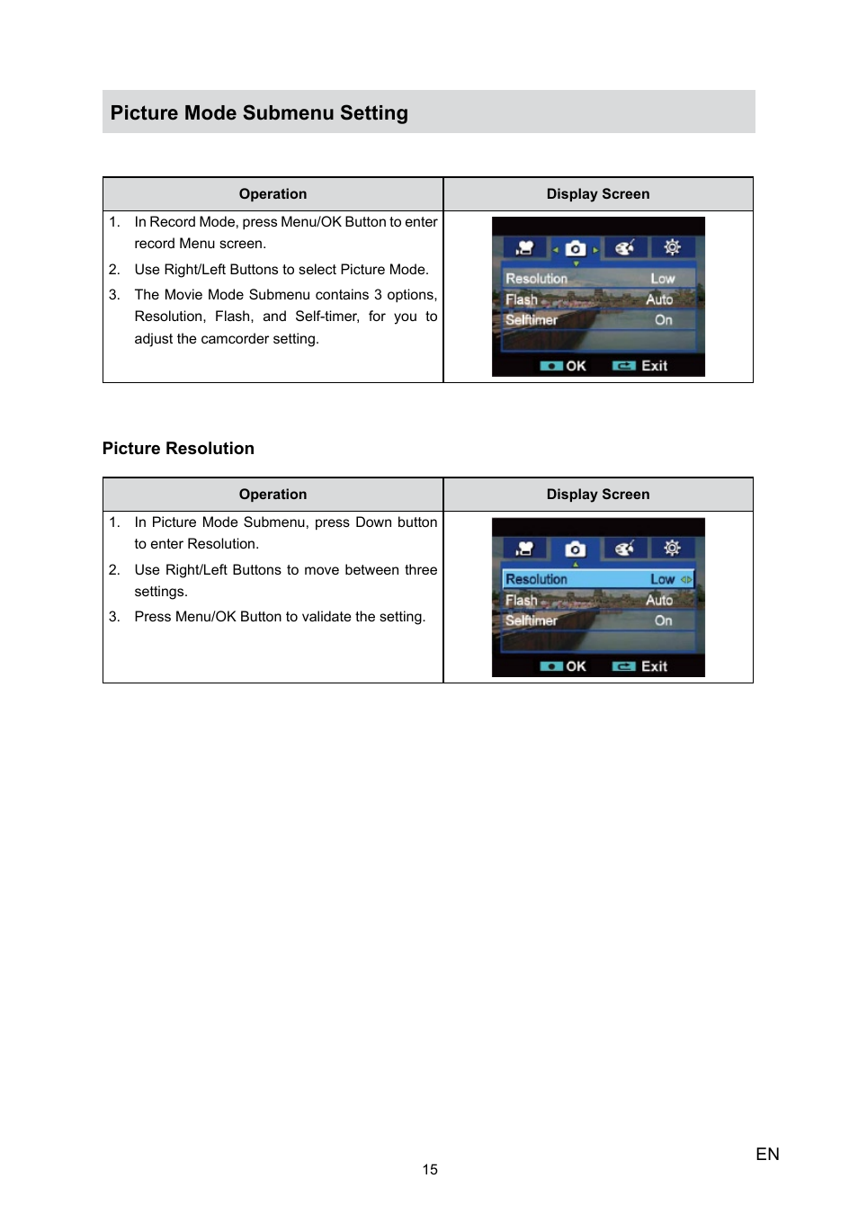 Picture mode submenu setting | Toshiba Camileo H10 User Manual | Page 17 / 47