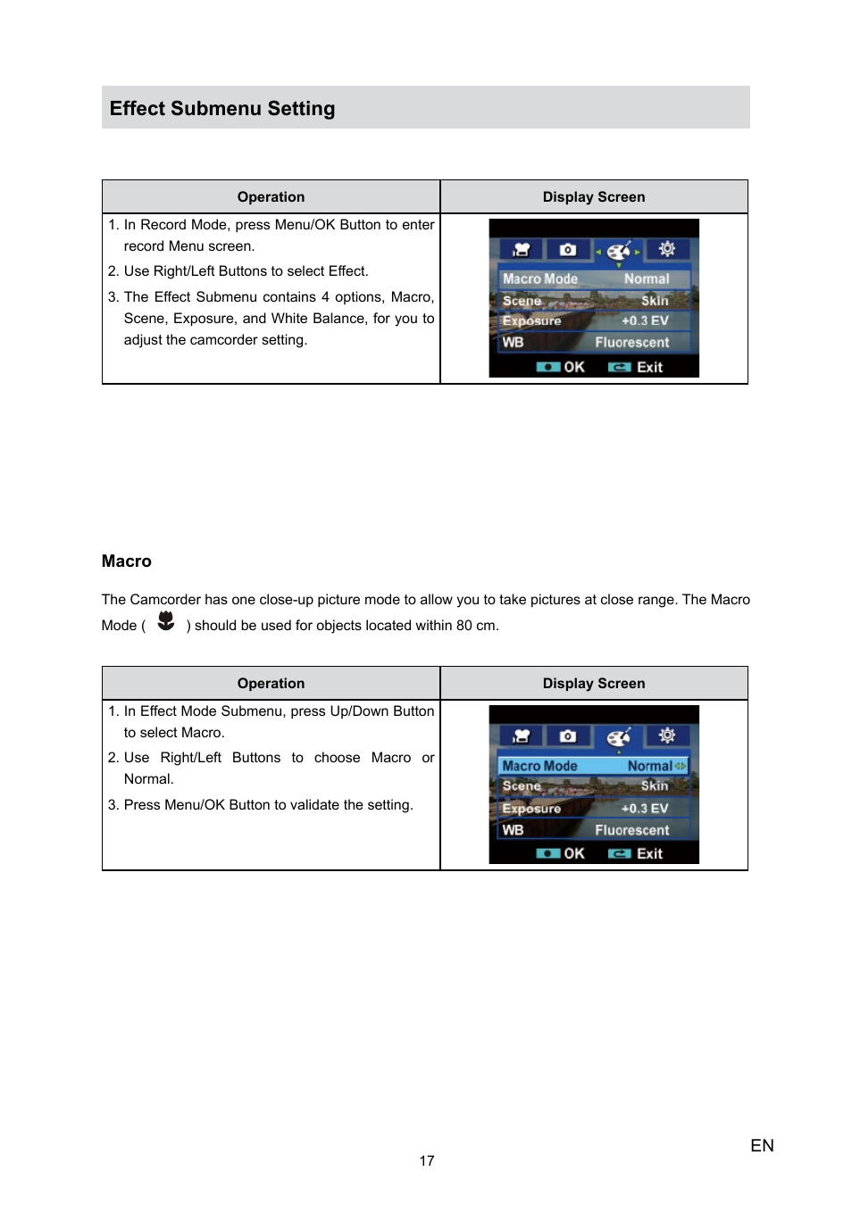 Effect submenu setting | Toshiba Camileo H10 User Manual | Page 19 / 47