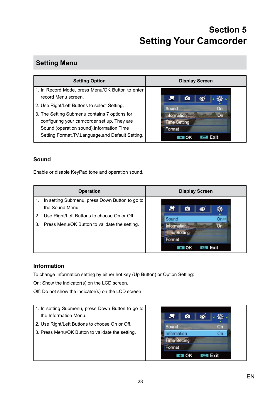 Setting your camcorder, Setting menu | Toshiba Camileo H10 User Manual | Page 30 / 47