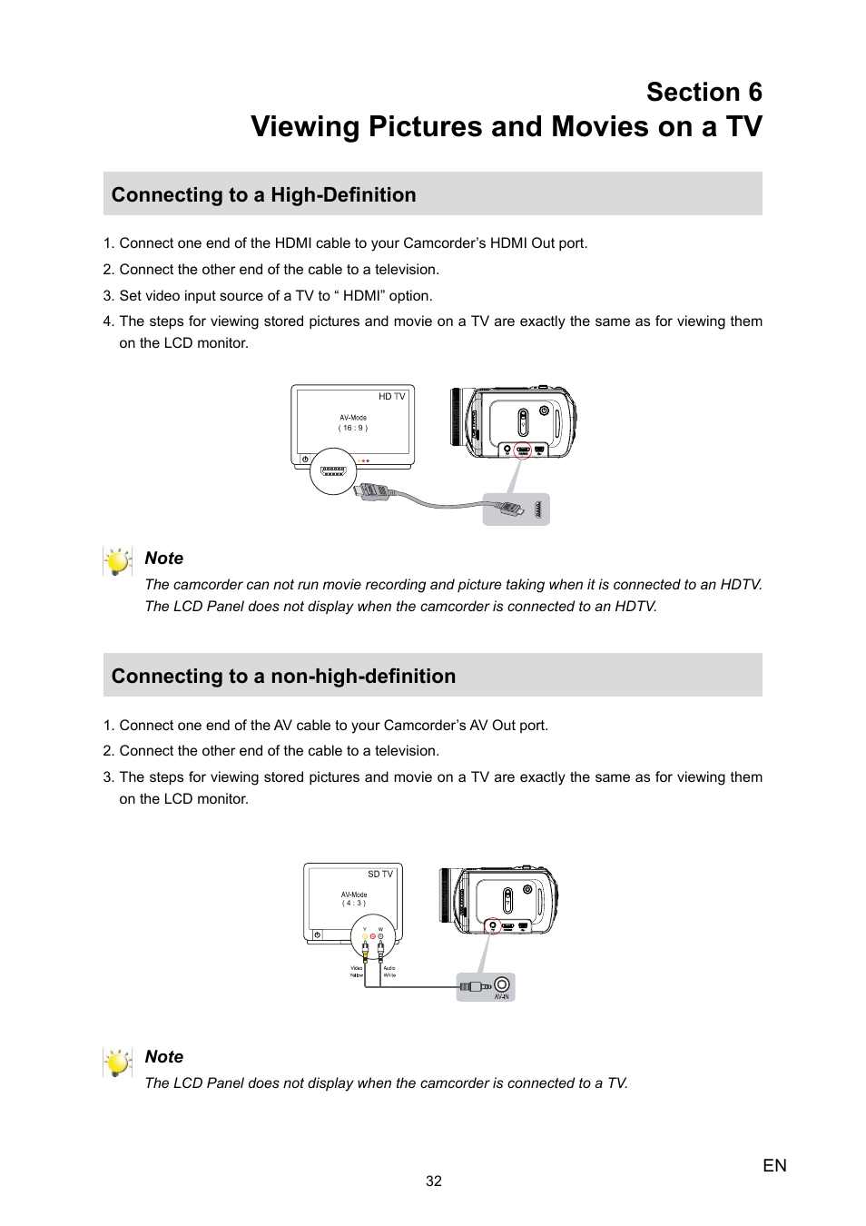 Viewing pictures and movies on a tv, Connecting to a high-definition, Connecting to a non-high-definition | Toshiba Camileo H10 User Manual | Page 34 / 47