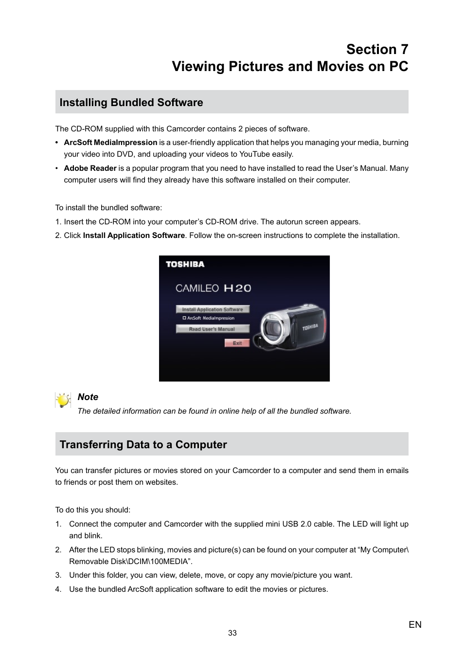 Installing bundled software, Transferring data to a computer | Toshiba Camileo H10 User Manual | Page 35 / 47