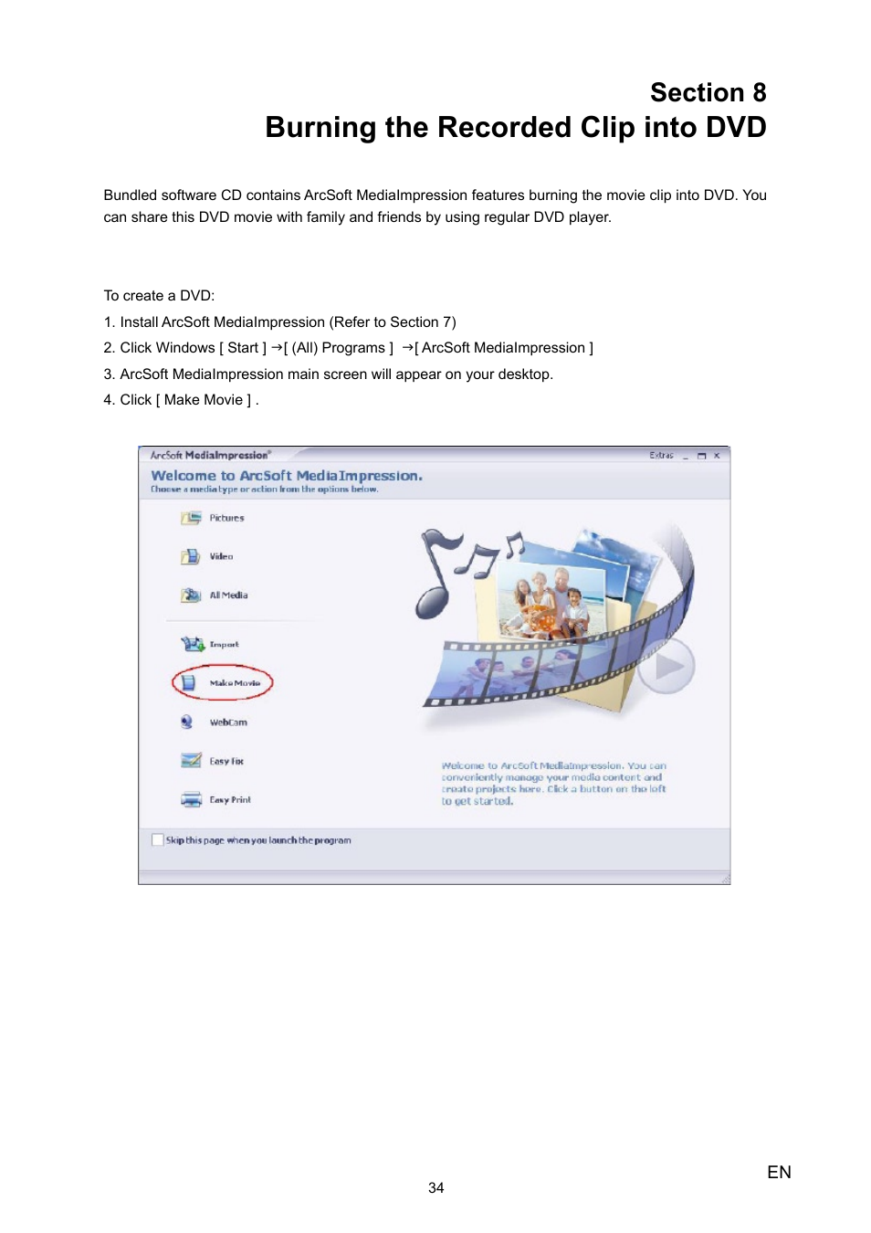 Burning the recorded clip into dvd | Toshiba Camileo H10 User Manual | Page 36 / 47