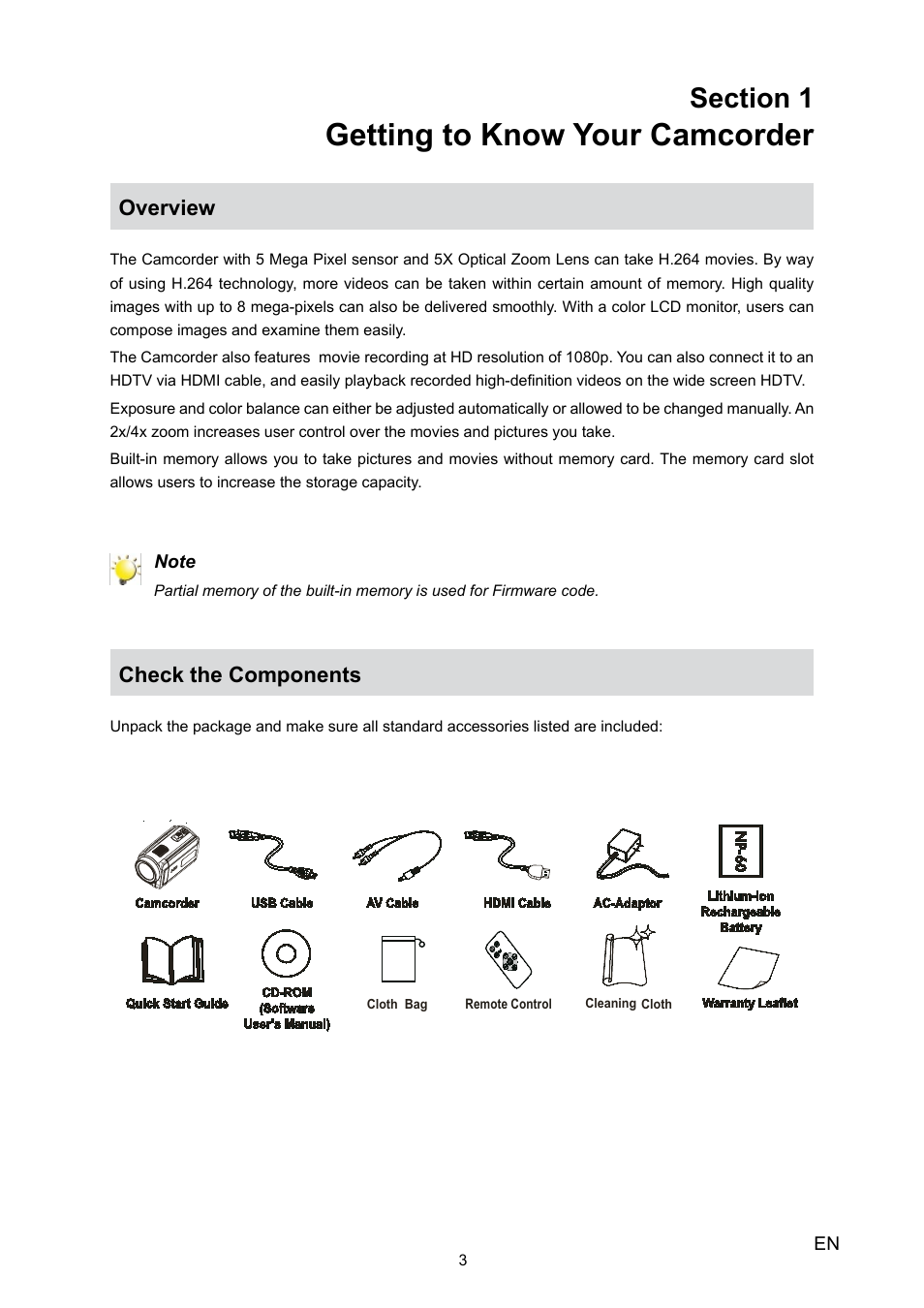 Getting to know your camcorder, Overview, Check the components | Toshiba Camileo H10 User Manual | Page 5 / 47