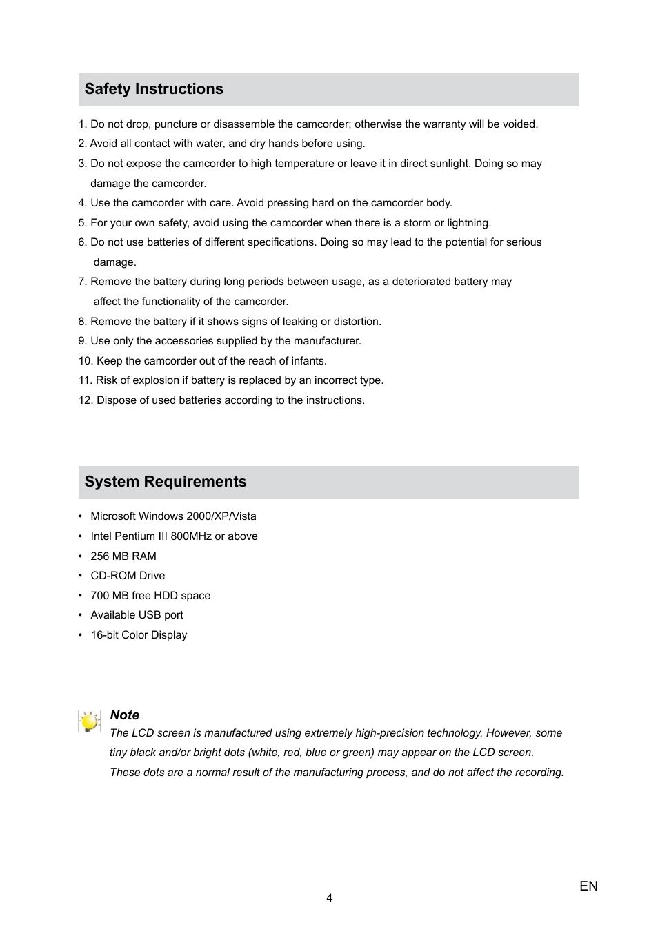 Safety instructions, System requirements | Toshiba Camileo H10 User Manual | Page 6 / 47