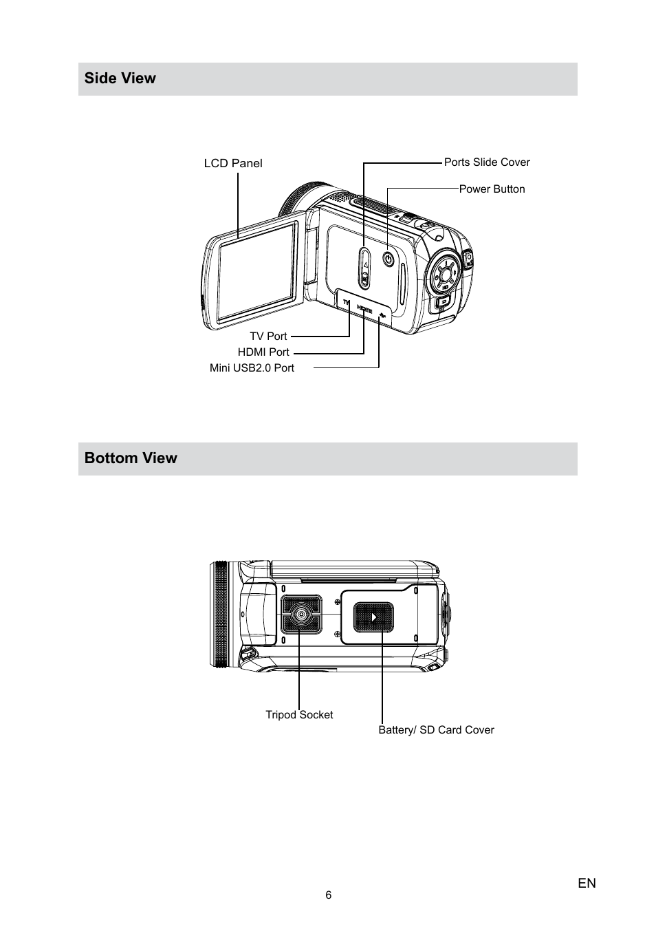 Side view bottom view | Toshiba Camileo H10 User Manual | Page 8 / 47