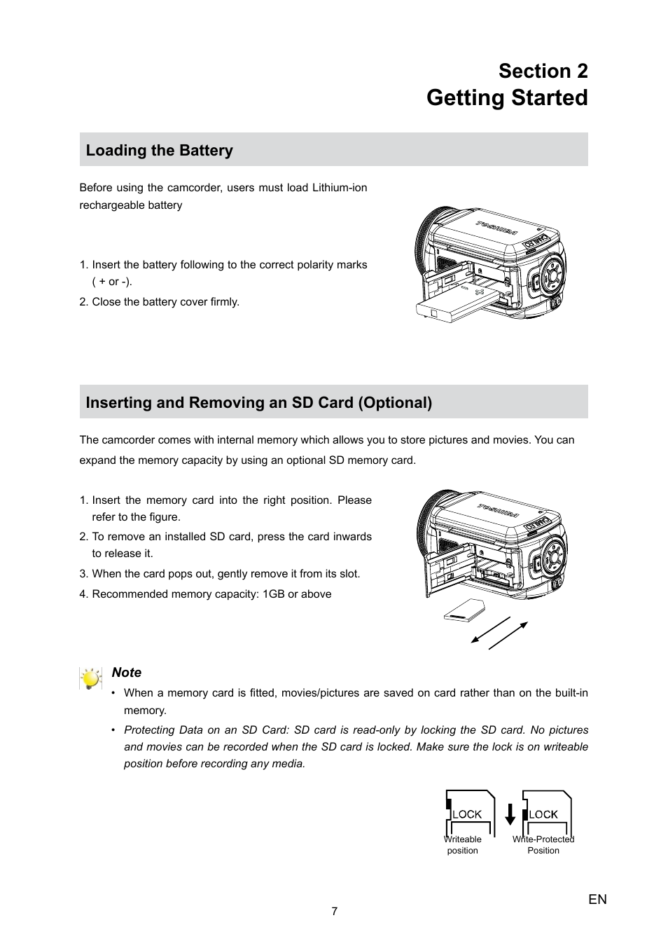 Getting started, Loading the battery, Inserting and removing an sd card (optional) | Toshiba Camileo H10 User Manual | Page 9 / 47
