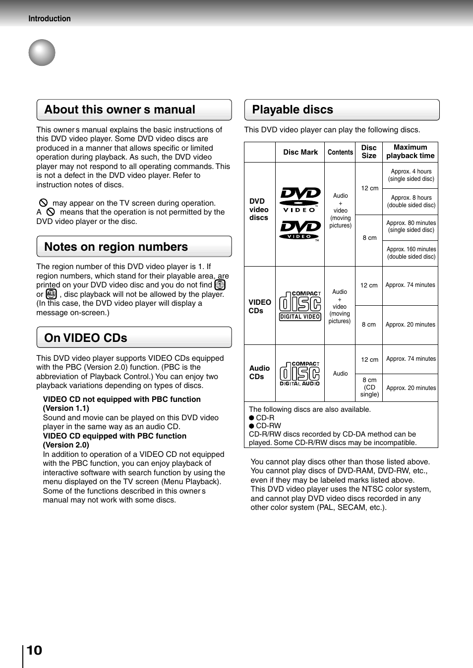 About this owner’s manual, On video cds, Playable discs | Toshiba SD-4205 User Manual | Page 10 / 69