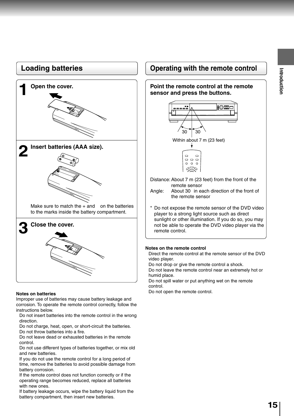 Operating with the remote control, Loading batteries | Toshiba SD-4205 User Manual | Page 15 / 69