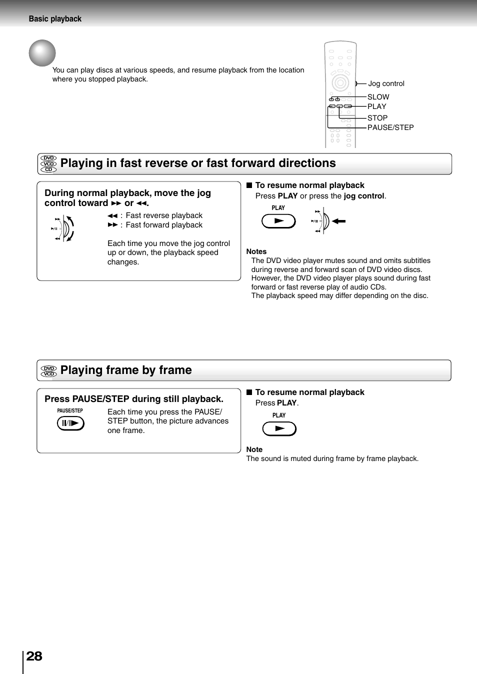 Playing a disc (continued), Playing in fast reverse or fast forward directions, Playing frame by frame | Toshiba SD-4205 User Manual | Page 26 / 69