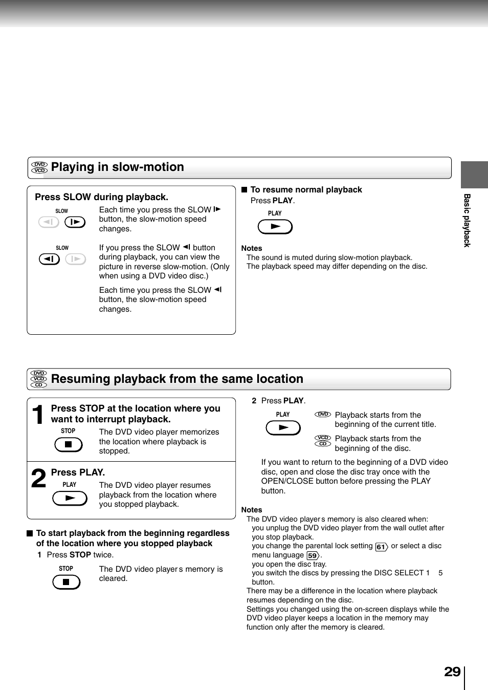 Playing in slow-motion, Resuming playback from the same location | Toshiba SD-4205 User Manual | Page 27 / 69