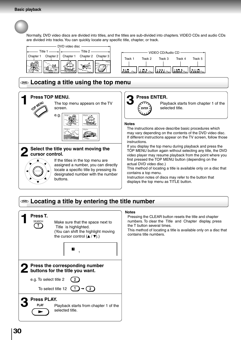 Locating a specific title, chapter, or track, Locating a title using the top menu, Locating a title by entering the title number | Toshiba SD-4205 User Manual | Page 28 / 69