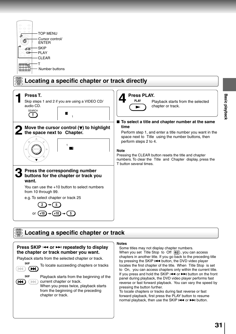 Locating a specific chapter or track directly, Locating a specific chapter or track | Toshiba SD-4205 User Manual | Page 29 / 69