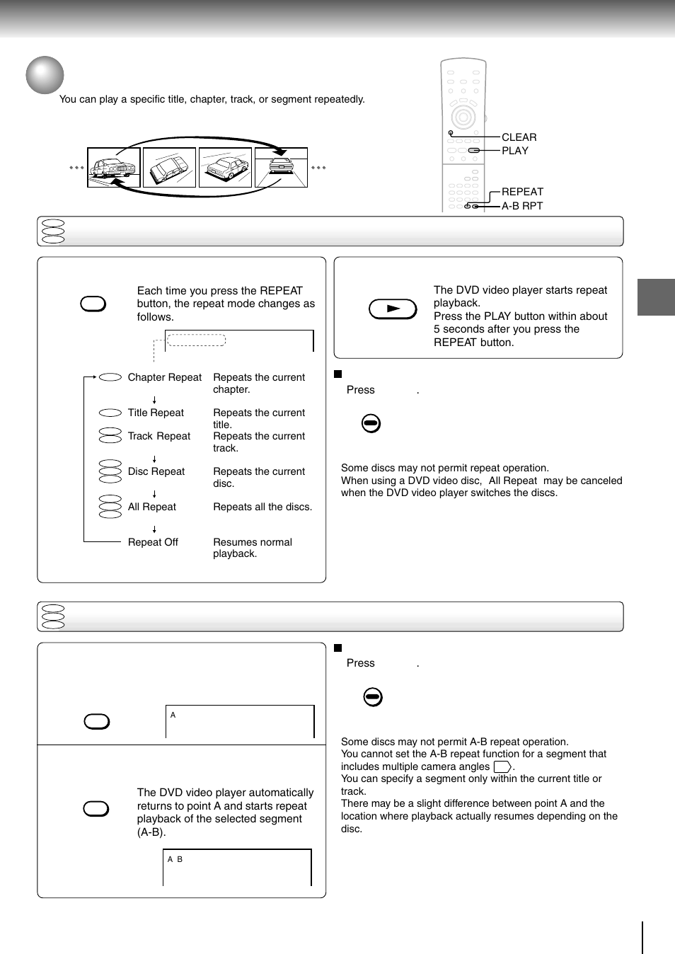 Playing repeatedly, Repeating a title, chapter, or track, Repeating a specific segment | Toshiba SD-4205 User Manual | Page 32 / 69