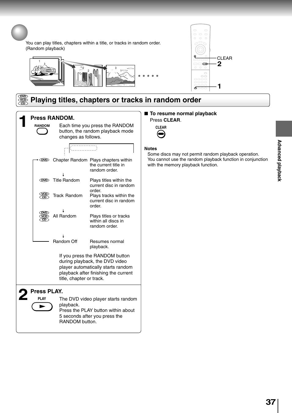 Playing in random order, Playing titles, chapters or tracks in random order | Toshiba SD-4205 User Manual | Page 34 / 69