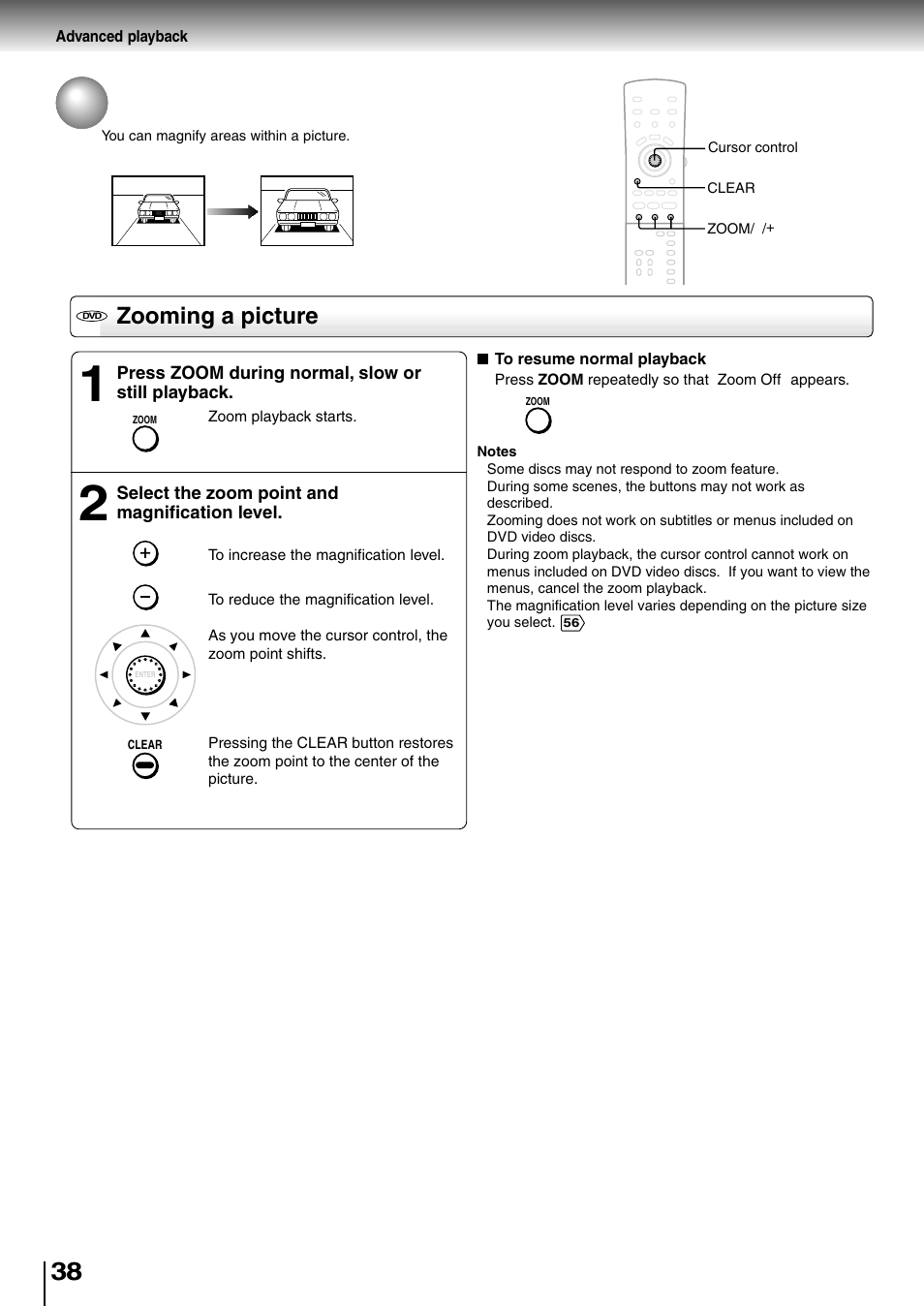 Advanced playback, Zooming a picture | Toshiba SD-4205 User Manual | Page 35 / 69