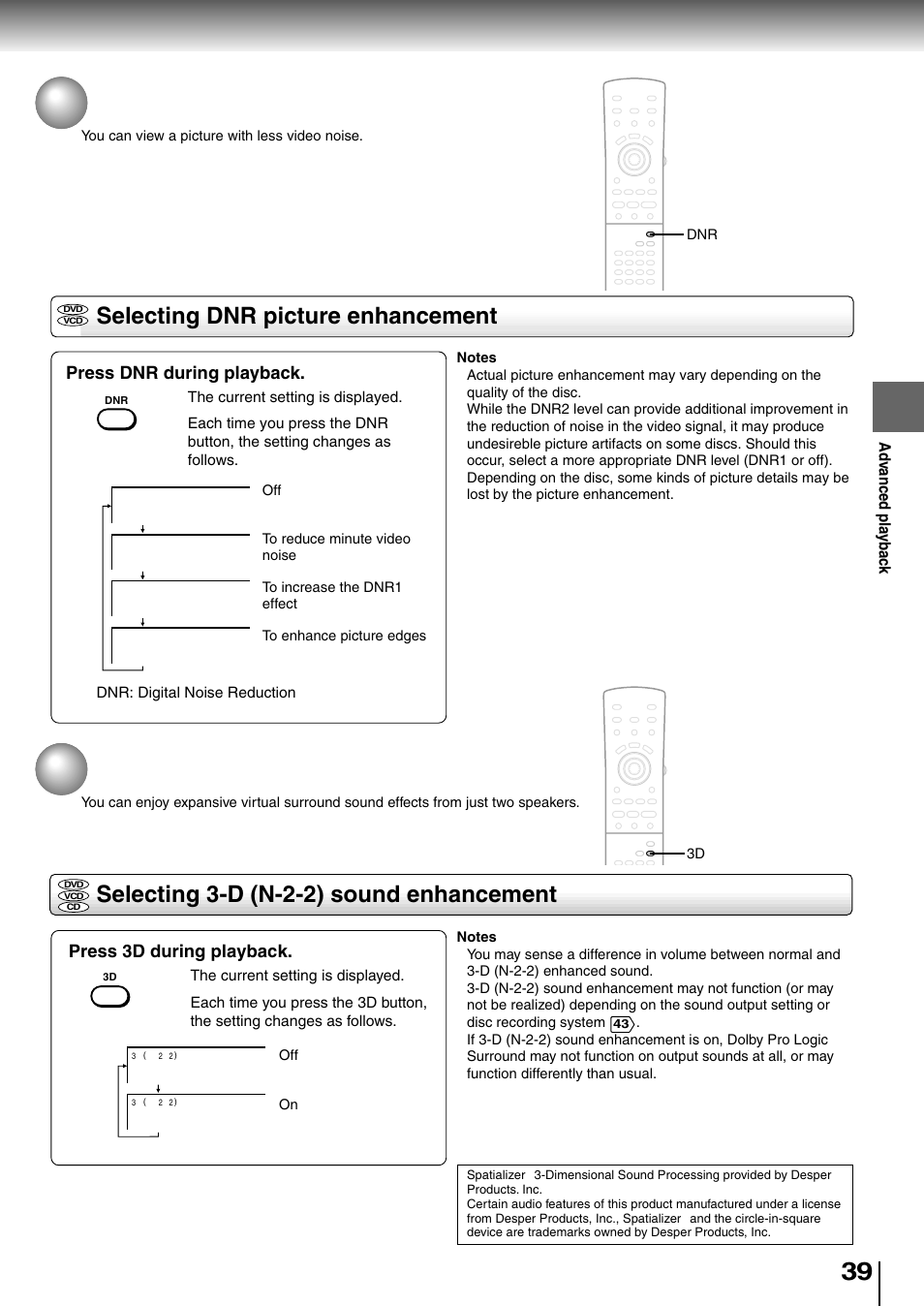 Selecting dnr picture enhancement, Selecting 3-d (n-2-2) sound enhancement, Press dnr during playback | Press 3d during playback | Toshiba SD-4205 User Manual | Page 36 / 69