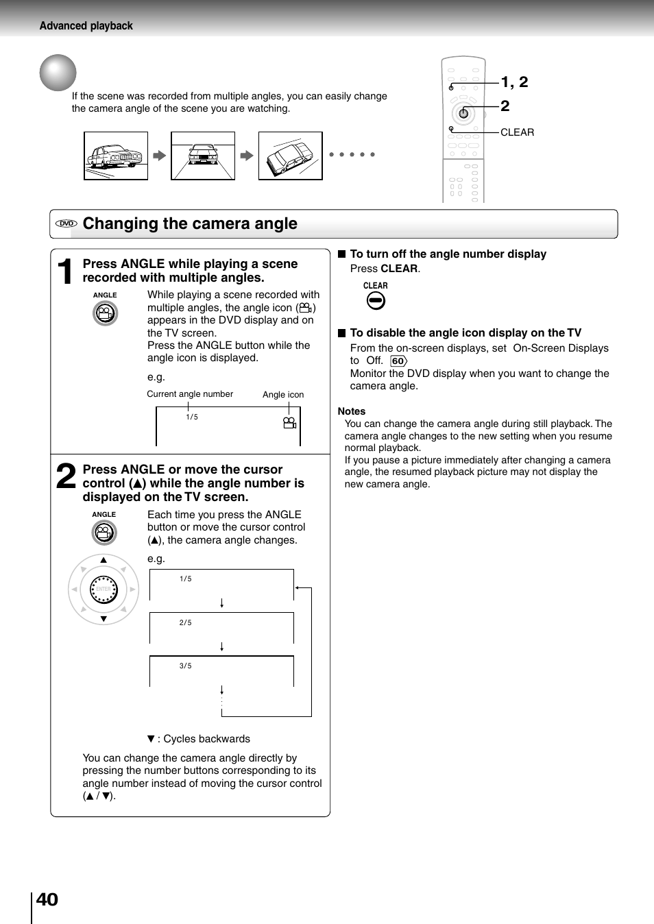 Selecting the camera angle, Changing the camera angle | Toshiba SD-4205 User Manual | Page 37 / 69