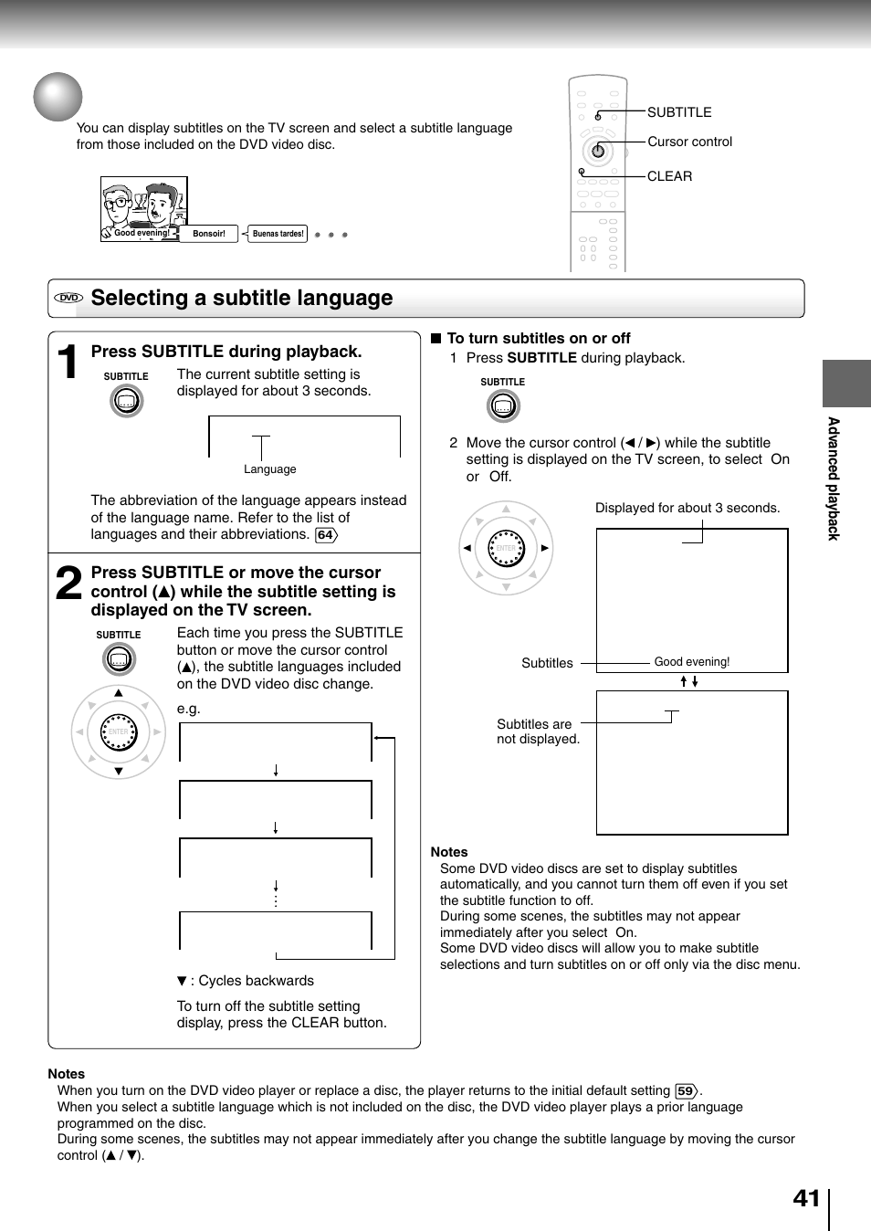 Selecting subtitles, Selecting a subtitle language | Toshiba SD-4205 User Manual | Page 38 / 69