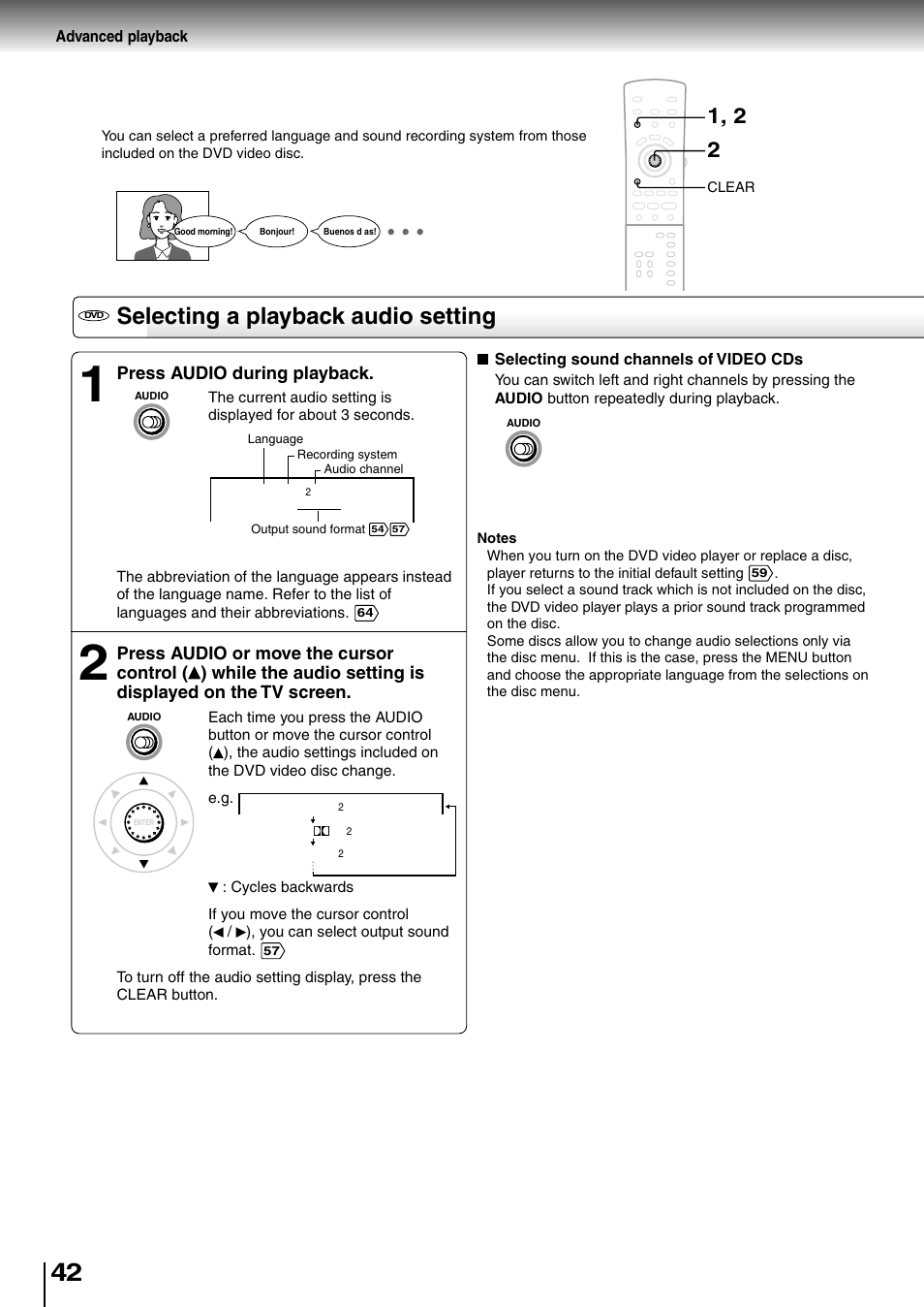 Selecting a language, Selecting a playback audio setting, Press audio during playback | Toshiba SD-4205 User Manual | Page 39 / 69