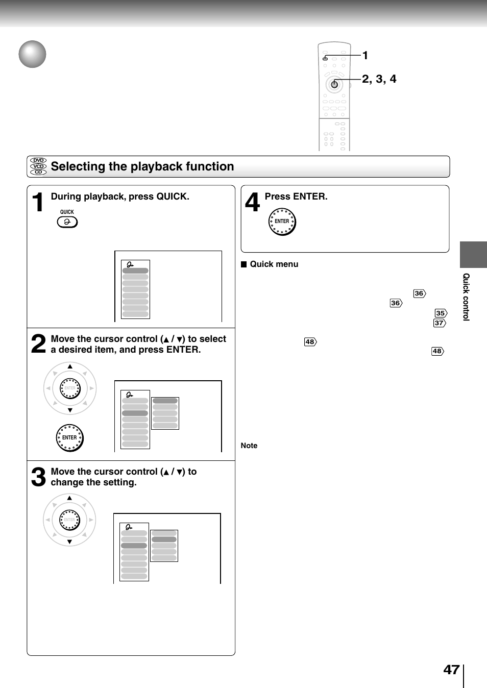 Selecting the playback function - quick, Selecting the playback function, During playback, press quick | Press enter | Toshiba SD-4205 User Manual | Page 43 / 69