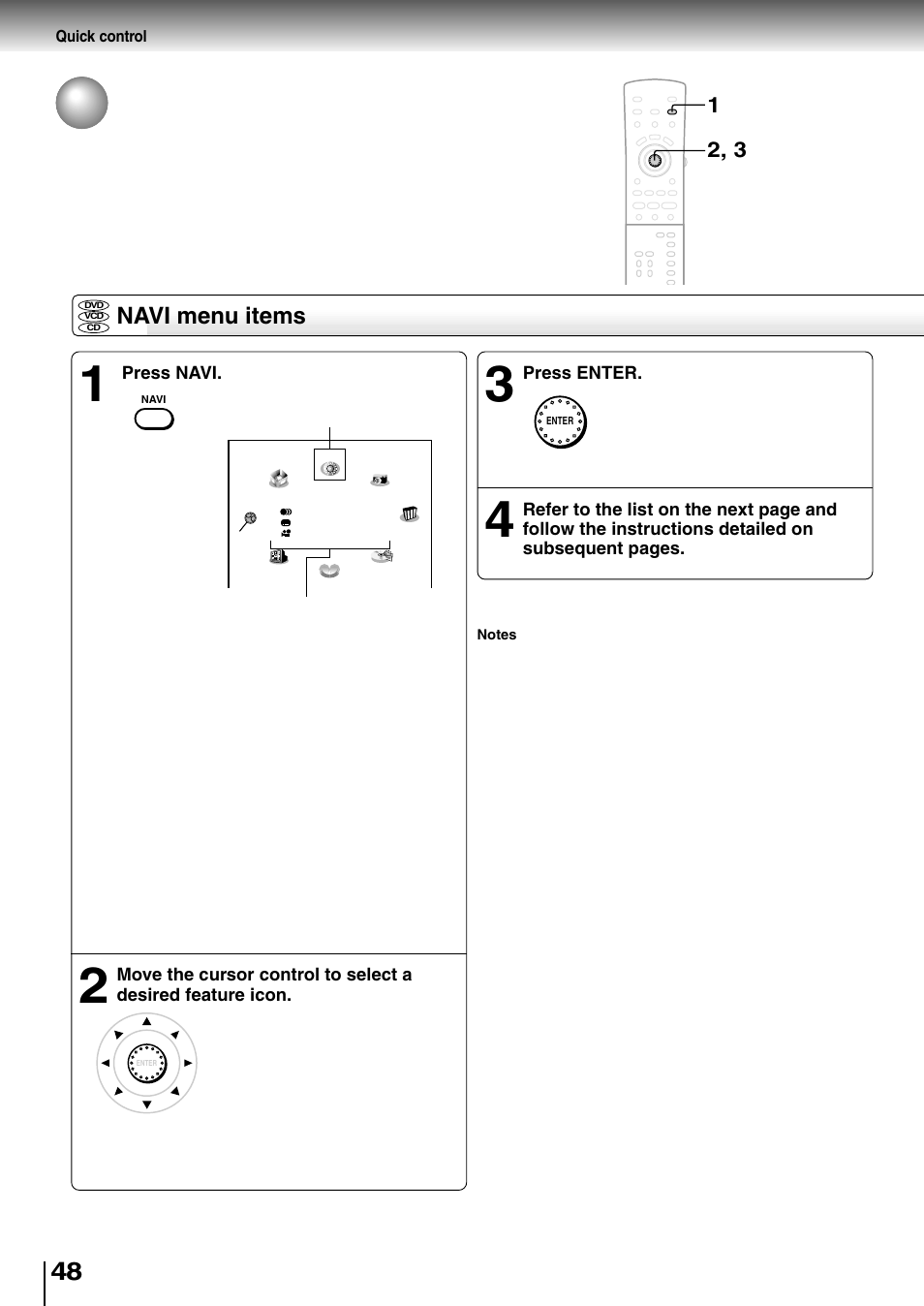 Accessing features - navi, Navi menu items | Toshiba SD-4205 User Manual | Page 44 / 69