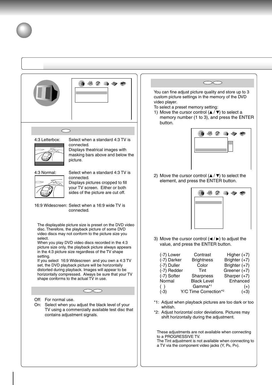 Customizing the function settings (continued), Setting details, Tv shape | Blacker than black, Setting : interlaced, Function setup | Toshiba SD-4205 User Manual | Page 52 / 69