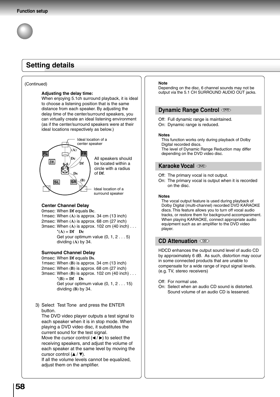 Customizing the function settings (continued), Setting details, Dynamic range control | Karaoke vocal, Cd attenuation | Toshiba SD-4205 User Manual | Page 54 / 69