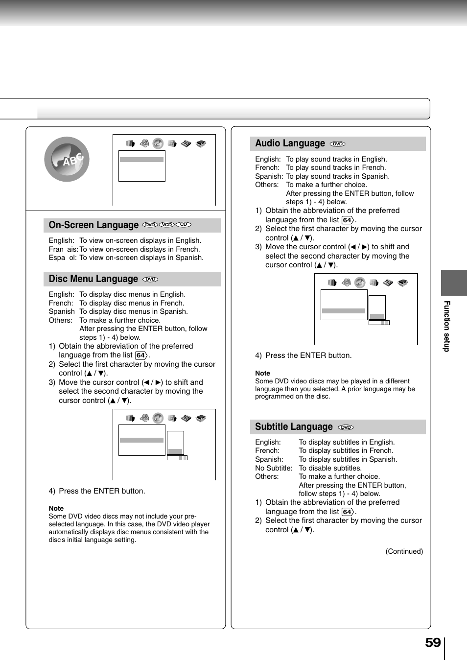 Audio language, Subtitle language, On-screen language | Disc menu language, Ab c | Toshiba SD-4205 User Manual | Page 55 / 69