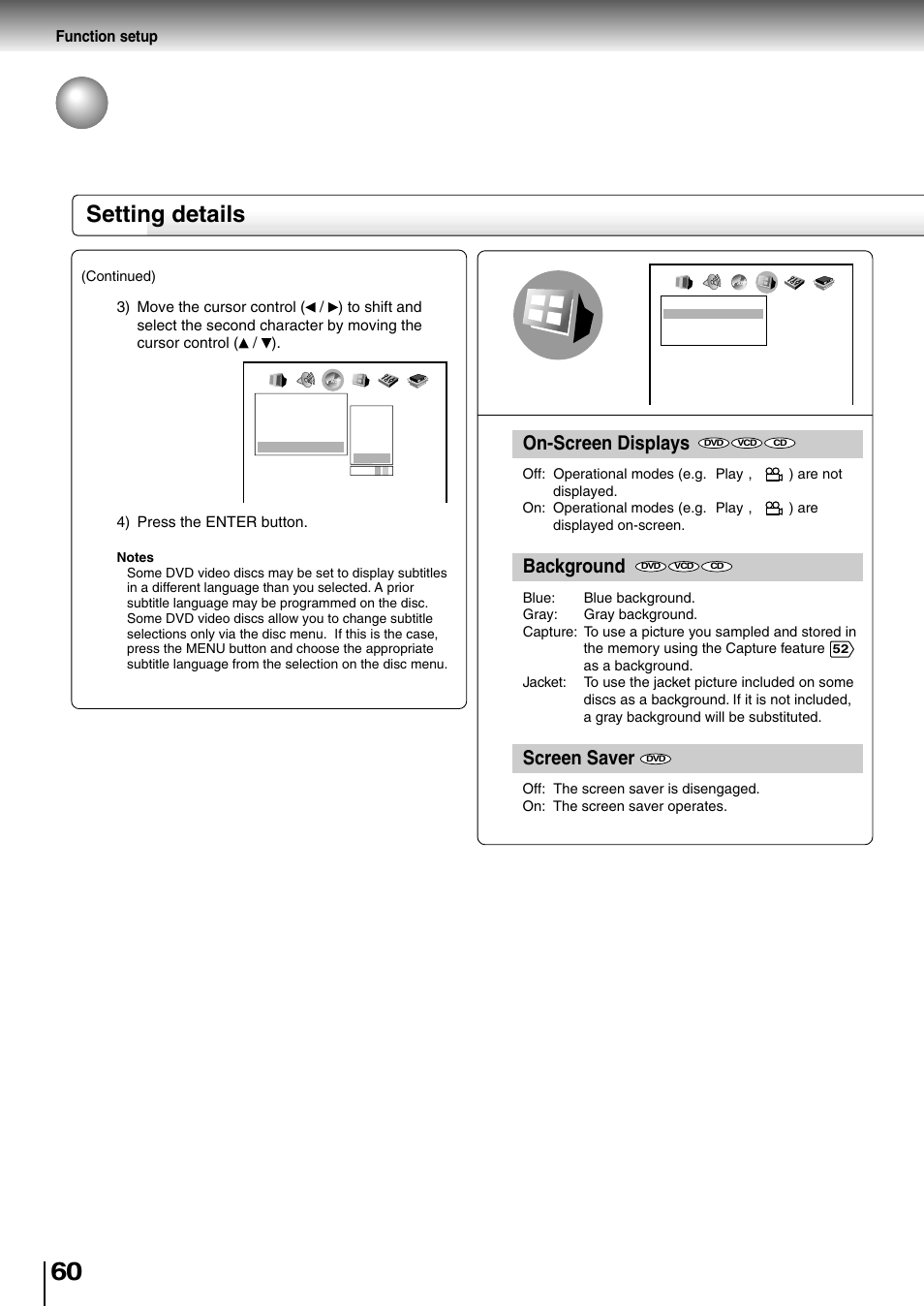 Customizing the function settings (continued), Setting details, On-screen displays | Background, Screen saver | Toshiba SD-4205 User Manual | Page 56 / 69