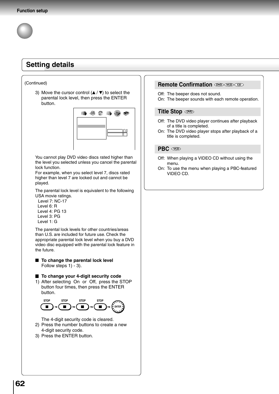 Customizing the function settings (continued), Setting details, Remote confirmation | Title stop | Toshiba SD-4205 User Manual | Page 58 / 69