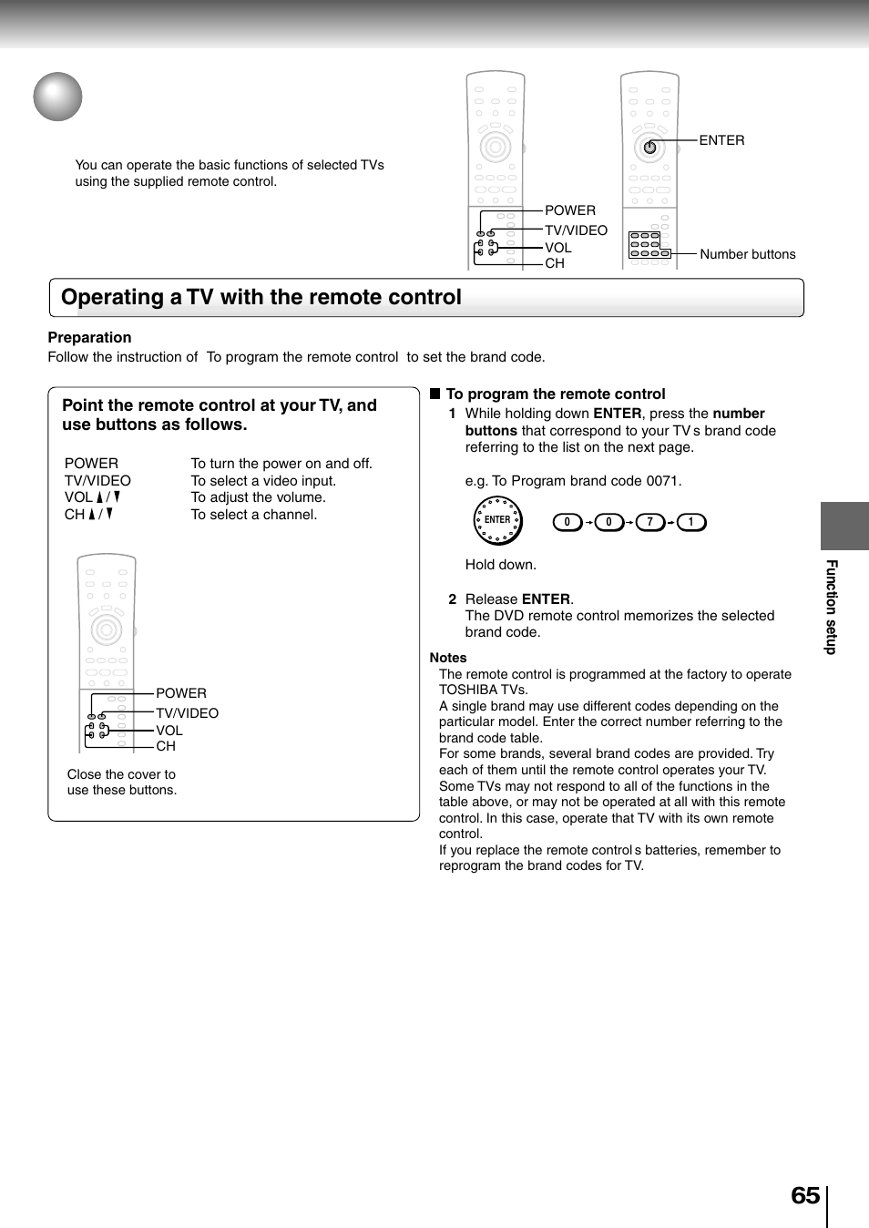 Operating a tv with the remote control | Toshiba SD-4205 User Manual | Page 61 / 69