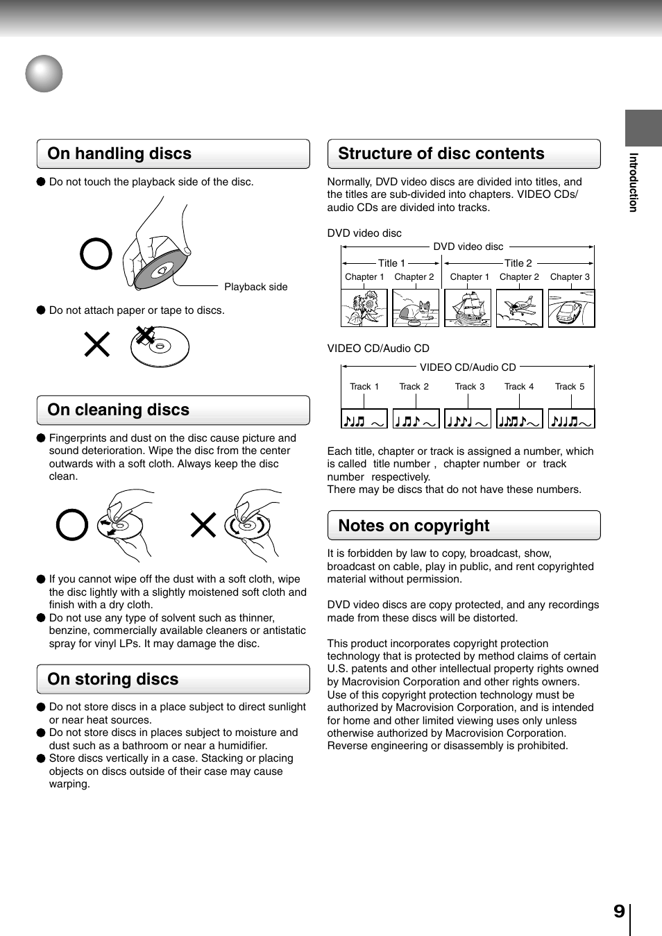 Notes on discs, On handling discs, On cleaning discs | On storing discs, Structure of disc contents | Toshiba SD-4205 User Manual | Page 9 / 69