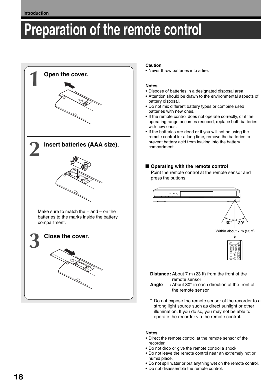 Preparation of the remote control, Open the cover, Insert batteries (aaa size) | Close the cover | Toshiba D-R4SU User Manual | Page 18 / 52