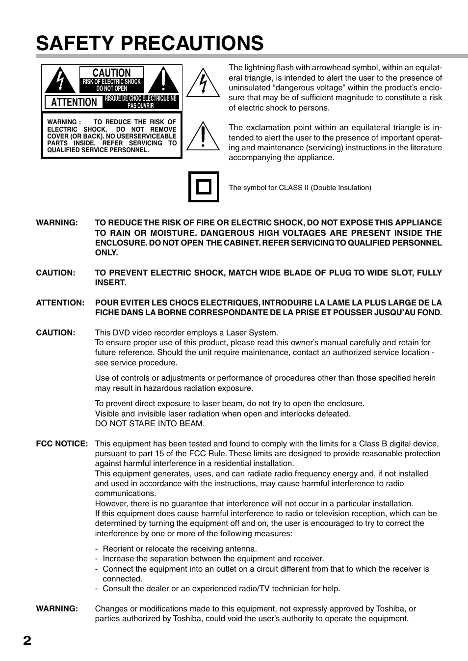 Safety precautions, Attention, Caution | Toshiba D-R4SU User Manual | Page 2 / 52