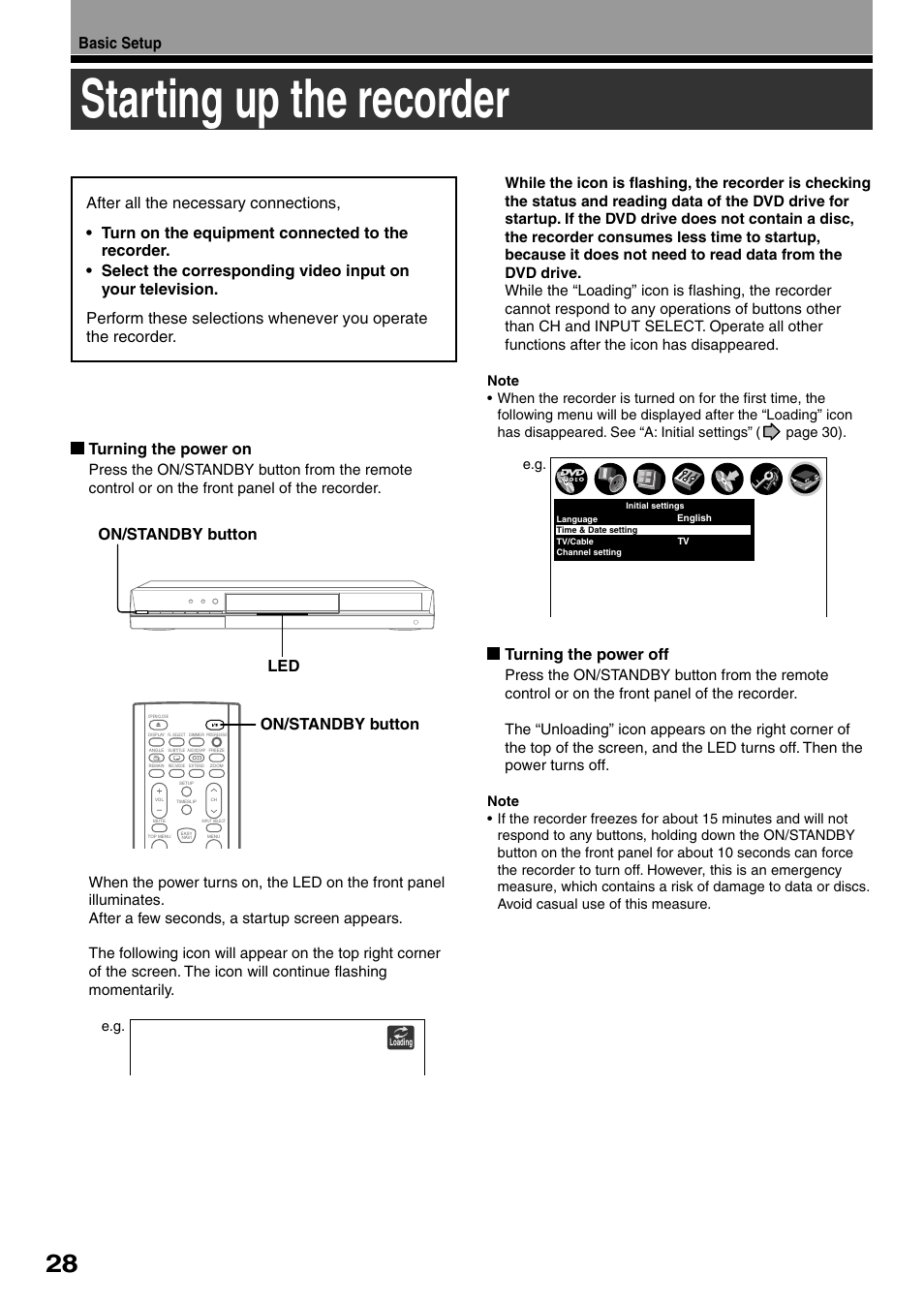 Starting up the recorder, Turning the power off, Basic setup | On/standby button led on/standby button | Toshiba D-R4SU User Manual | Page 28 / 52