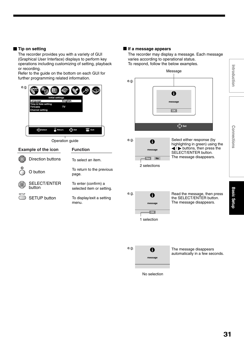 Intr oduction connections basic setup, Tip on setting, If a message appears | Function example of the icon | Toshiba D-R4SU User Manual | Page 31 / 52