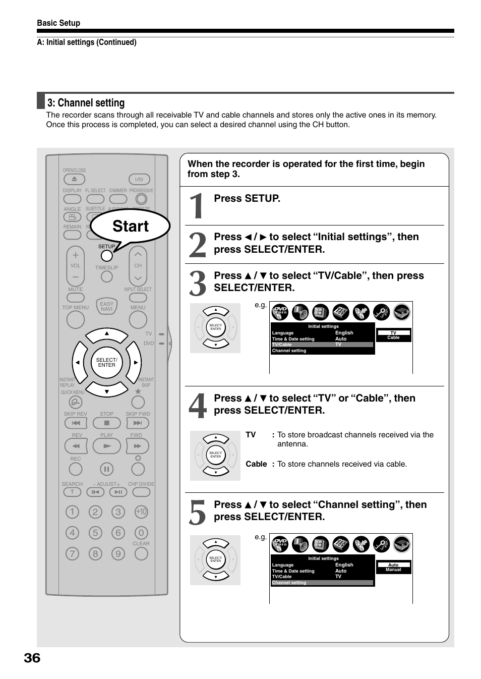 Start, Channel setting, Press setup | Toshiba D-R4SU User Manual | Page 36 / 52