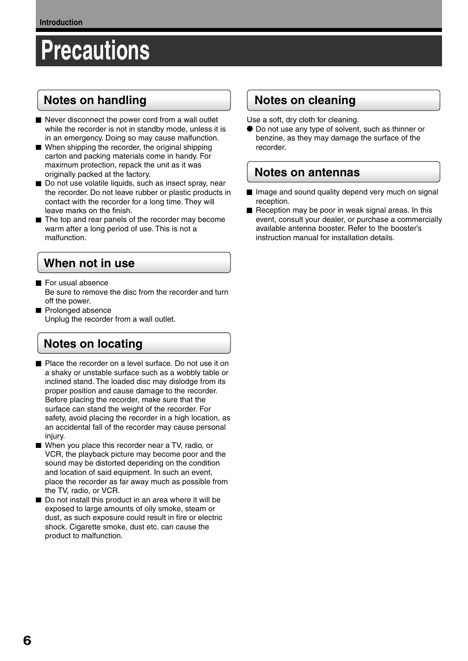 Precautions | Toshiba D-R4SU User Manual | Page 6 / 52