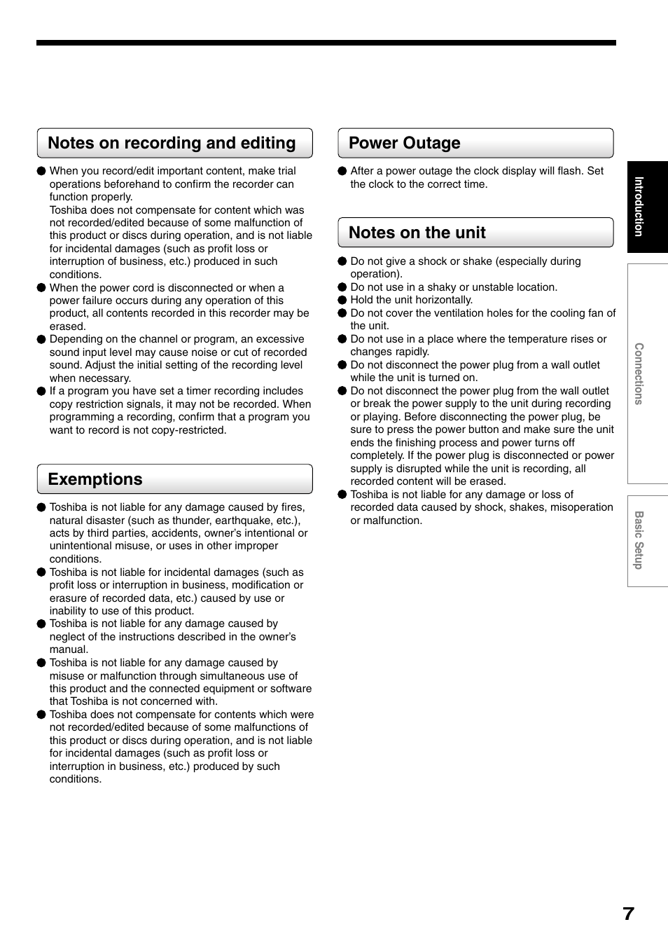 Exemptions, Power outage | Toshiba D-R4SU User Manual | Page 7 / 52
