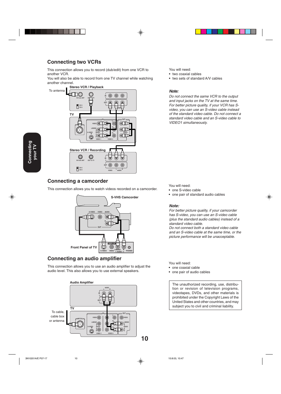 Two vcrs / camcorder / audio amplifier, Connecting two vcrs, Connecting a camcorder | Connecting an audio amplifier, Connecting your tv | Toshiba 27AF53 User Manual | Page 10 / 38