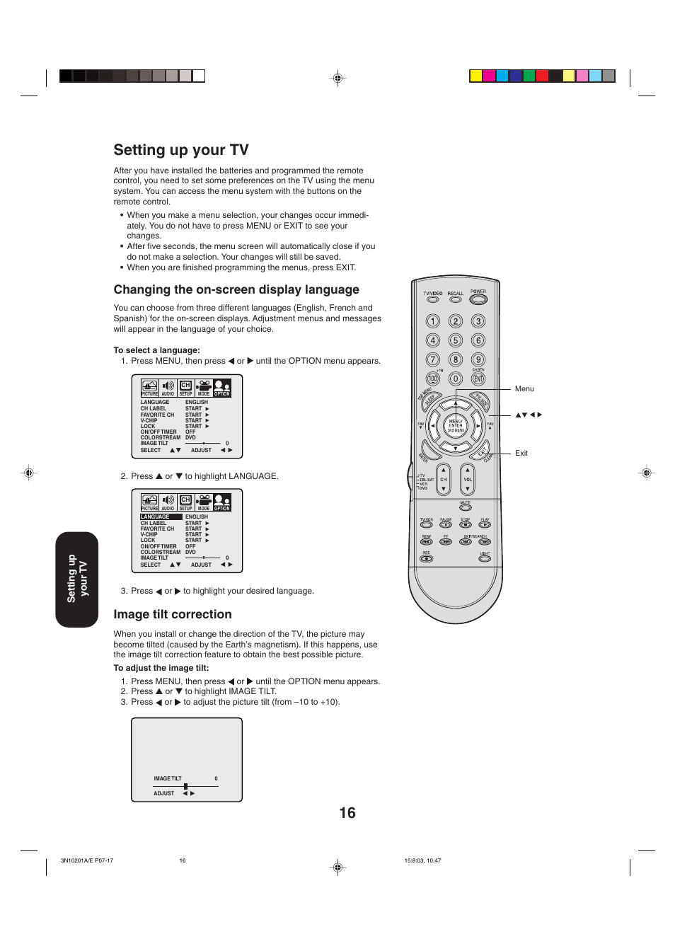 Setting up your tv, Changing the on-screen display language, Image tilt correction | Toshiba 27AF53 User Manual | Page 16 / 38