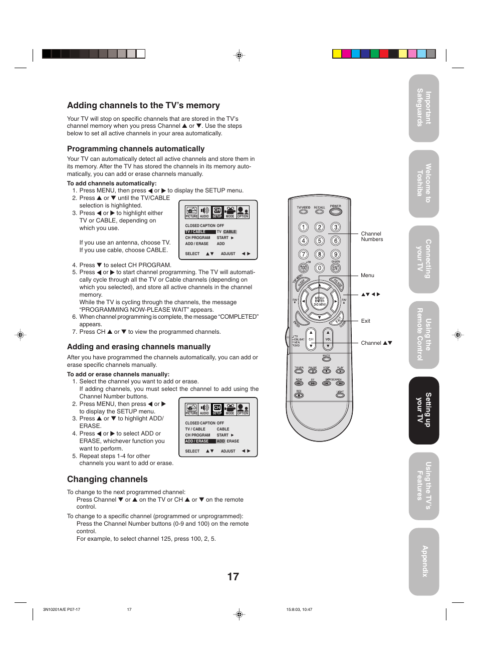 Adding channels to the tv's memory, Changing channels, Programming channels automatically | Adding and erasing channels manually | Toshiba 27AF53 User Manual | Page 17 / 38