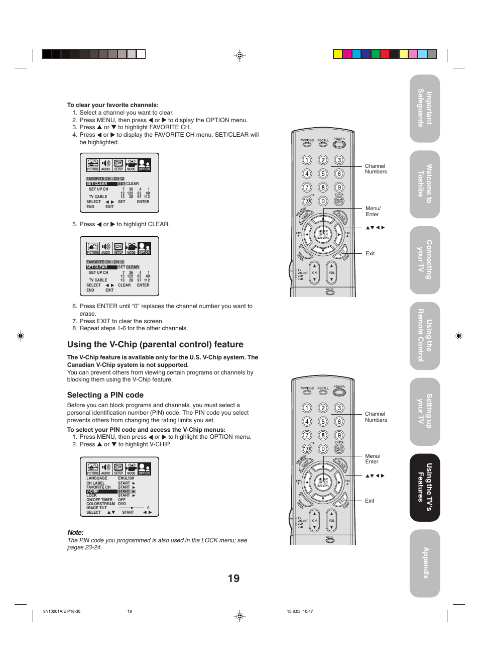 Using the v-chip, Using the v-chip (parental control) feature, Selecting a pin code | Using the tv ’s features | Toshiba 27AF53 User Manual | Page 19 / 38