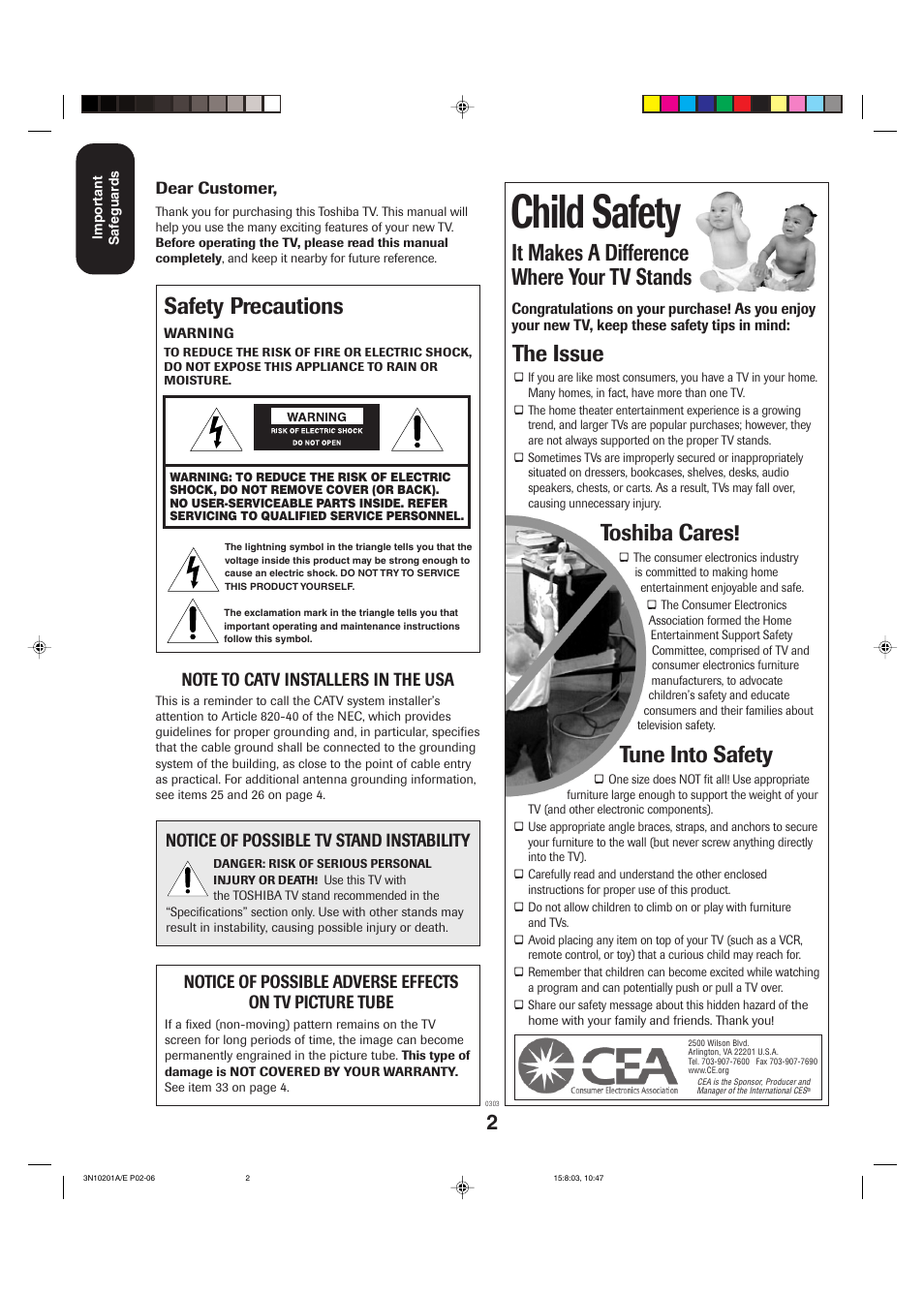 Important safeguards, Child safety, It makes a difference where your tv stands | The issue, Toshiba cares, Tune into safety, Safety precautions | Toshiba 27AF53 User Manual | Page 2 / 38