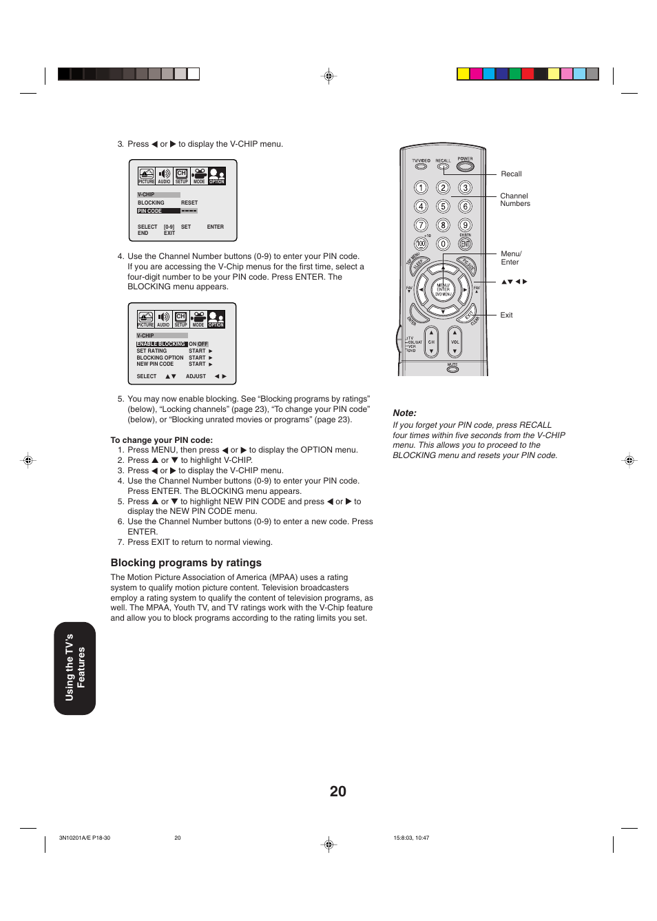 Blocking programs by ratings, Using the tv ’s features | Toshiba 27AF53 User Manual | Page 20 / 38