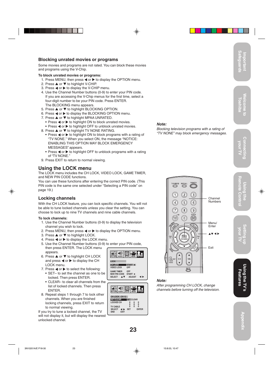 Using the lock menu, Blocking unrated movies or programs, Locking channels | Using the tv ’s features | Toshiba 27AF53 User Manual | Page 23 / 38