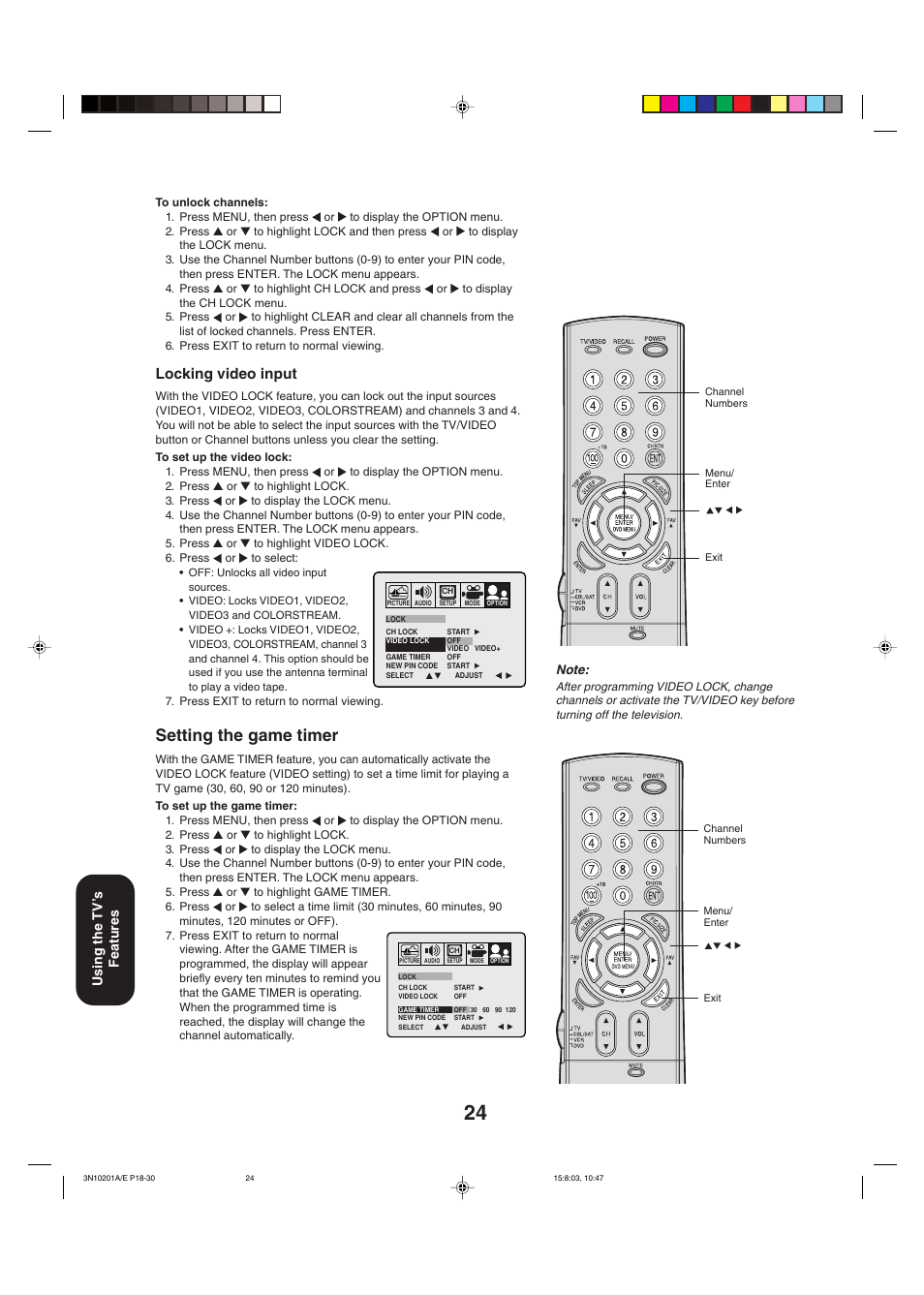 Setting the game timer, Locking video input, Using the tv ’s features | Toshiba 27AF53 User Manual | Page 24 / 38